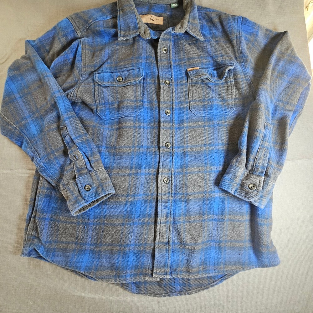 Orvis Mens Flannel Shirt jacket Blue Gray Plaid Long Sleeve Button Up Casual LG